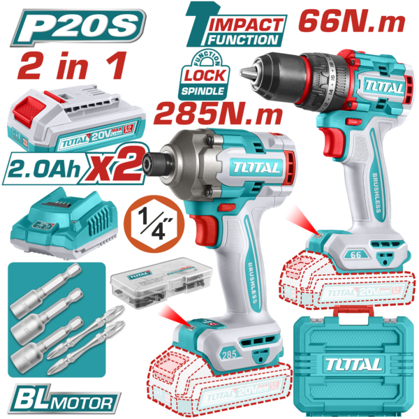 TOTAL 20V Cordless Impact Drill & Driver Kit | Brushless Motor (TCKLI20277)