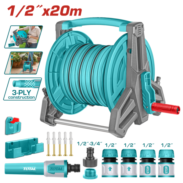 TOTAL Hose Reel Set 20M | 1/2" - With Nozzle & Wall Bracket (THHR20124)