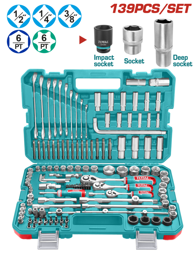 TOTAL 139 Pcs Combination Tools Set – Complete Socket & Wrench Kit (THKTHP21396)