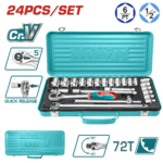 TOTAL 24 Pcs 1/2" Socket Set – Cr-V Steel with Metal Box (THT121242)