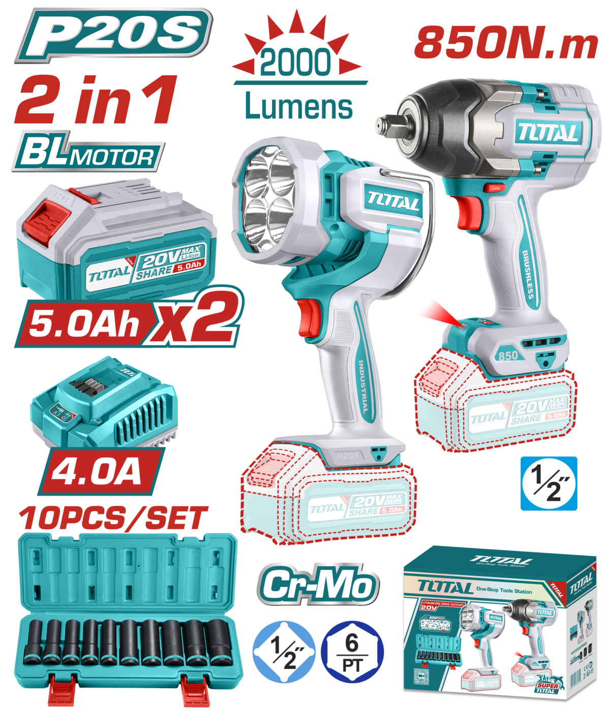 TOTAL Cordless 2PCs Combo Kit | Impact Wrench & Work Lamp (TOSLI241181)