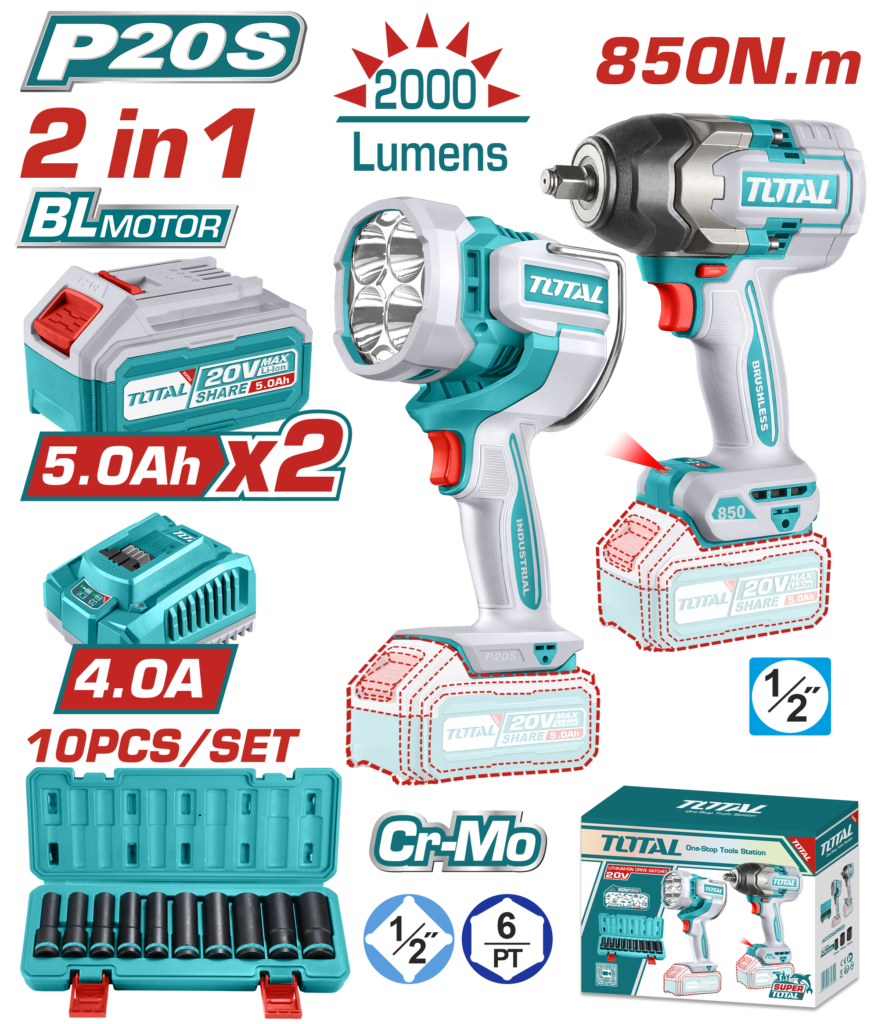 TOTAL Cordless 2PCs Combo Kit | Impact Wrench & Work Lamp (TOSLI241181)