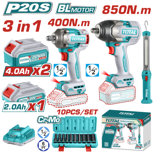 TOTAL Cordless 3PCs Combo Kit – 2 Impact Wrenches & Work Lamp (TOSLI241195)