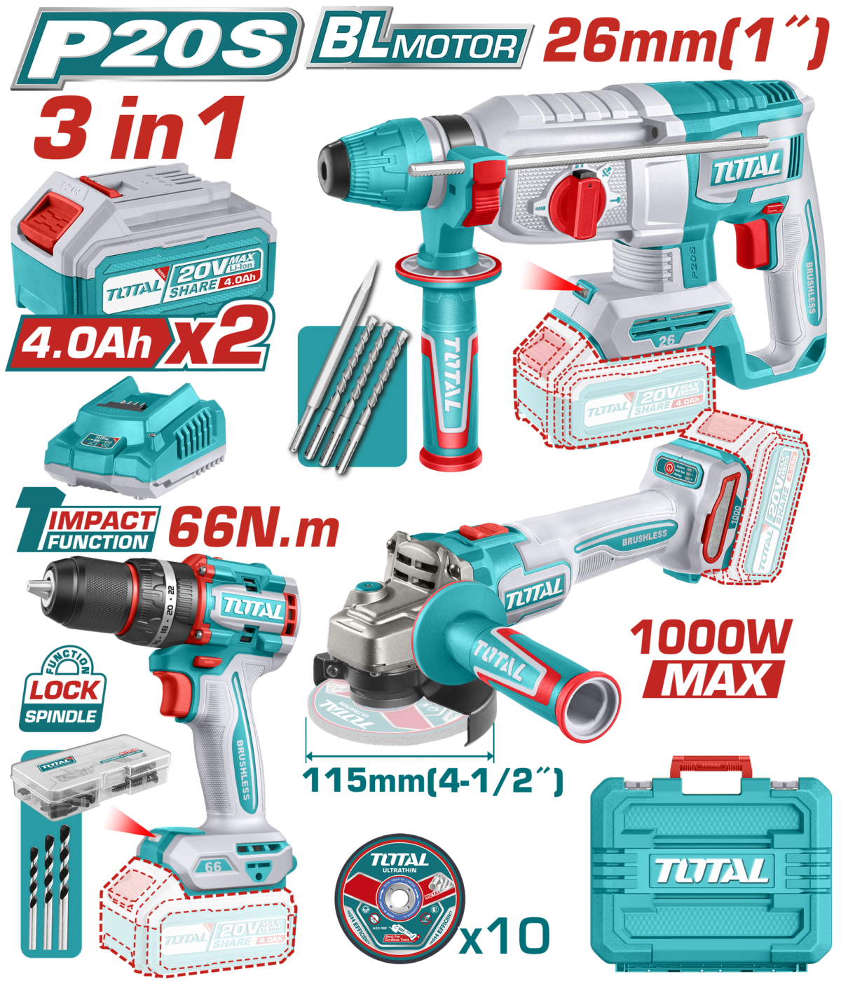 TOTAL Cordless 3PCS Combo Kit 20V – Impact Drill, Angle Grinder & Rotary Hammer (TOSLI241198)