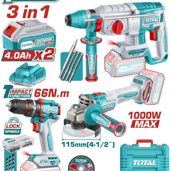 TOTAL Cordless 3PCS Combo Kit 20V – Impact Drill, Angle Grinder & Rotary Hammer (TOSLI241198)