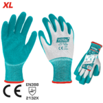 These Latex Coated Gloves (Size XL) are built for durability and strong grip in tough work environments. Featuring a 13-gauge polyester liner with a latex textured palm coating, they are ideal for handling heavy cargo, rough materials, and slightly sharp objects. The seamless cotton/polyester shell offers comfort and breathability during extended use. Size: XL Liner Material: Seamless polyester/cotton blend Coating: Latex with textured palm finish for enhanced grip Gauge: 13-gauge for balanced flexibility and strength Protection Level: EN388 – 2132X Ideal Use: Heavy cargo handling, construction, and general industrial work Packaging: 12 pairs/paper, packed by poly bag