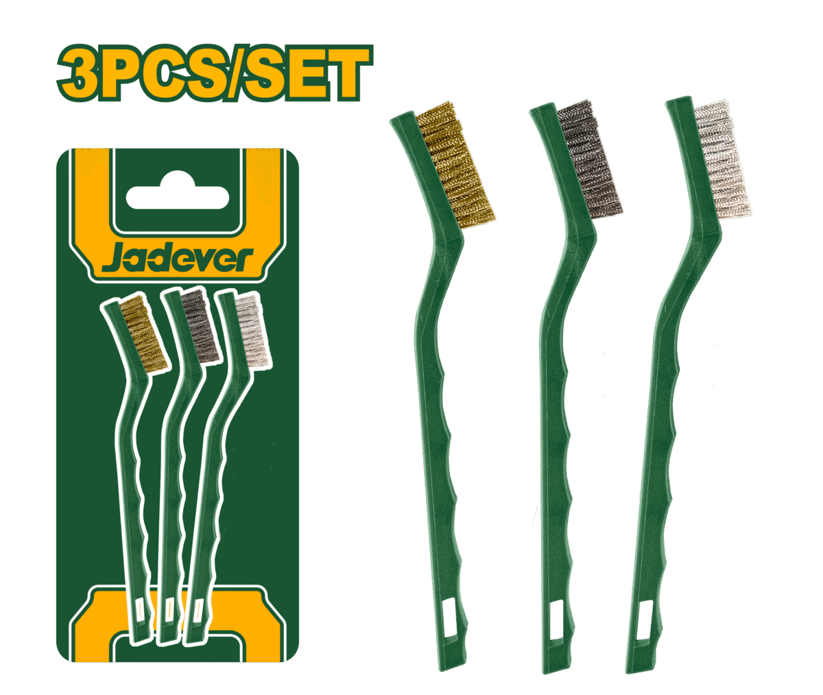JADEVER 3pcs Abrasive Brush Set – 7" Mini Nylon, Brass & Wire Cleaning Brushes (JDBH3607)
