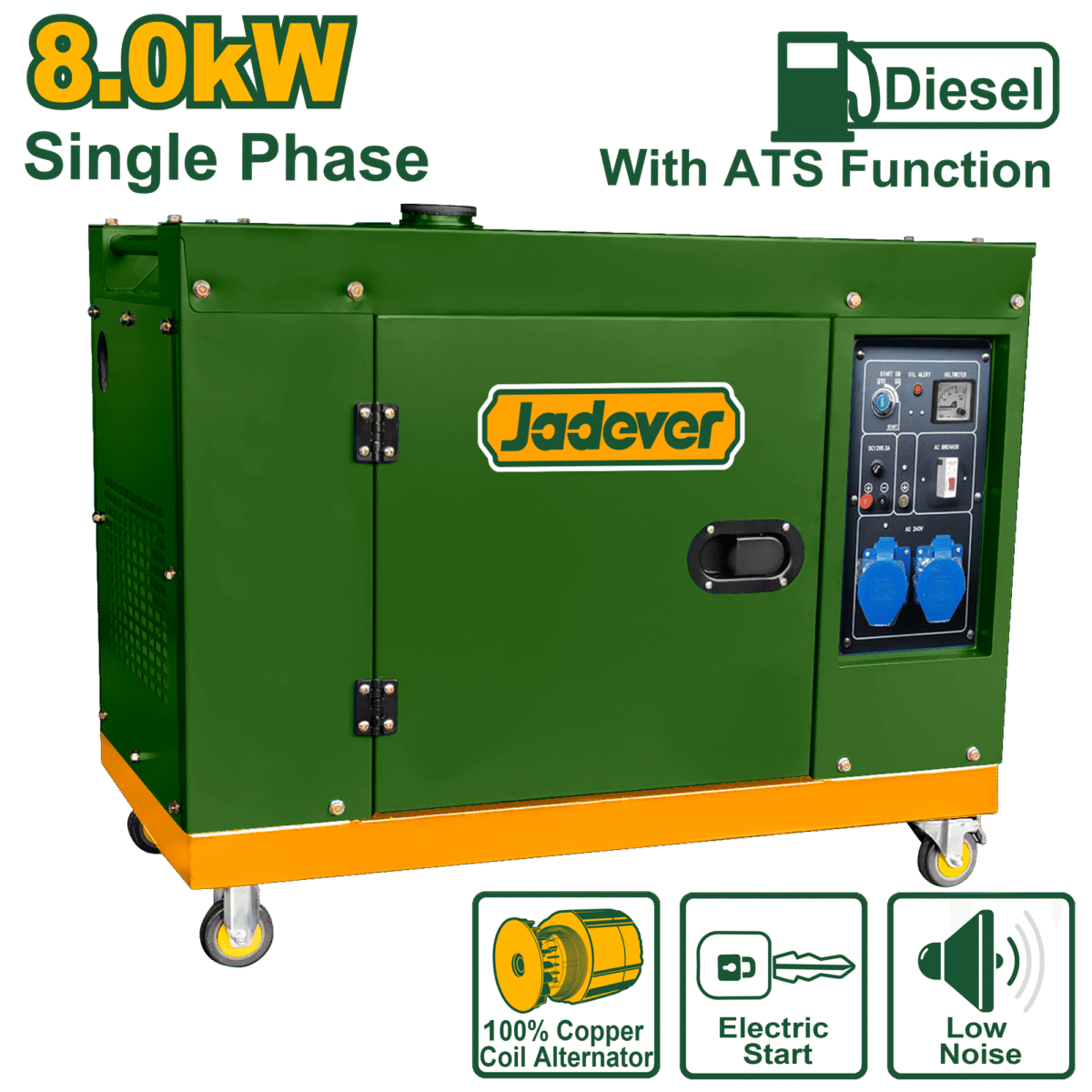JADEVER Silent Diesel Generator 8.0kW with ATS – Electric Start, 15HP, 668cc Engine ( JDDG2A100-1)
