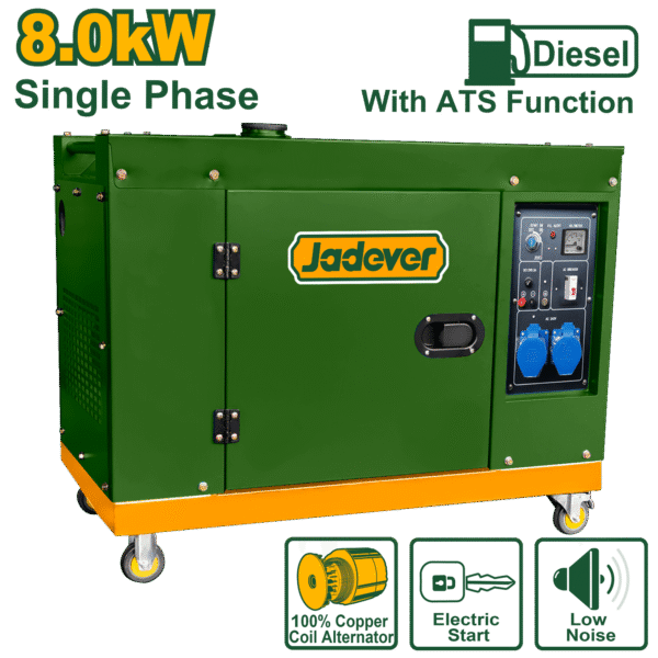 JADEVER Silent Diesel Generator 8.0kW with ATS – Electric Start, 15HP, 668cc Engine ( JDDG2A100-1)