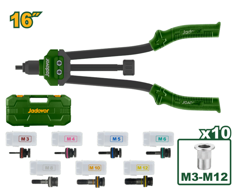 JADEVER Rivet Nut Gun Kit 16" – 7 Metric Mandrels (M3–M12) with Rivet Nuts & Storage Box (JDHR5B16)