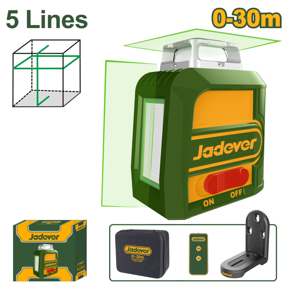 JADEVER Self-Leveling 360° Green Laser Level – Horizontal & Vertical Lines, Lithium Battery + Remote (JDLE2M05)