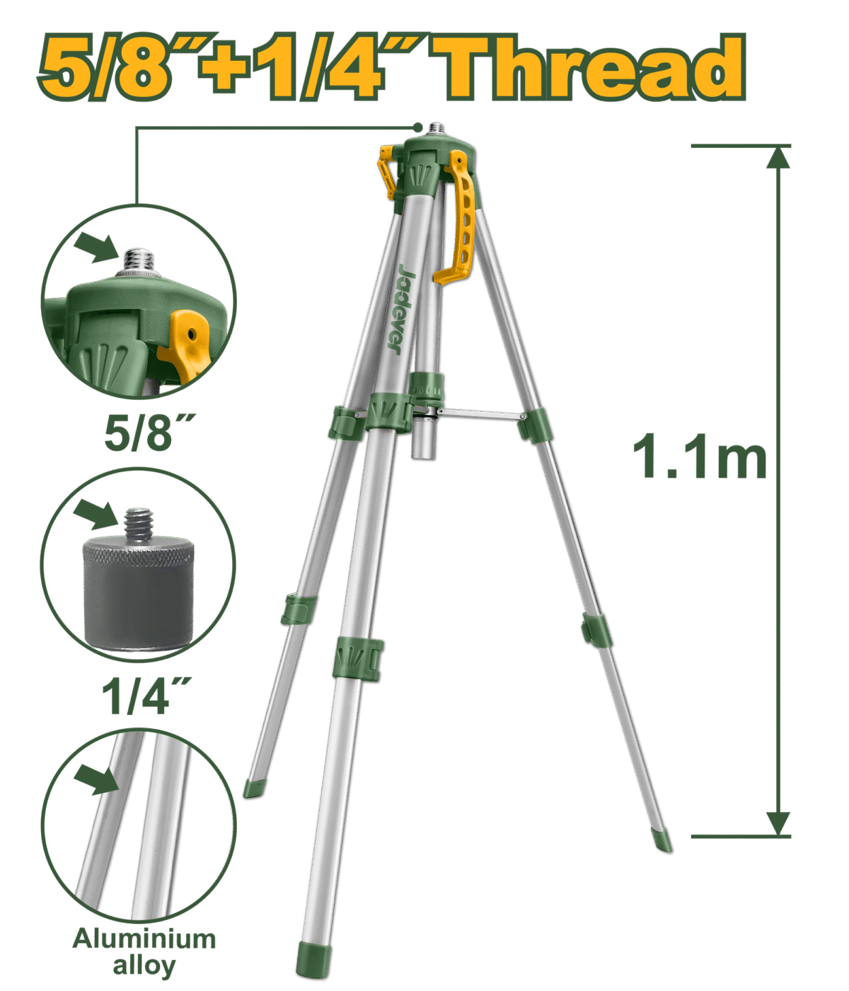 JADEVER Laser Level Tripod – Adjustable 0.45m–1.1m, Aluminum, 5/8" & 1/4" Adapter Screw (JDLE9301)