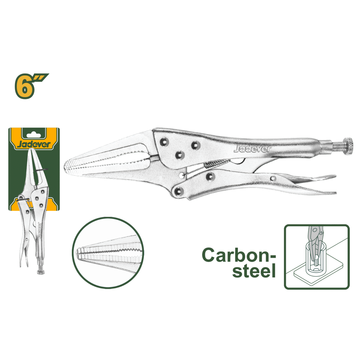 JADEVER Long Nose Locking Plier 6" – 0–61mm Opening, Carbon Steel, Nickel Plated (JDLP3106)