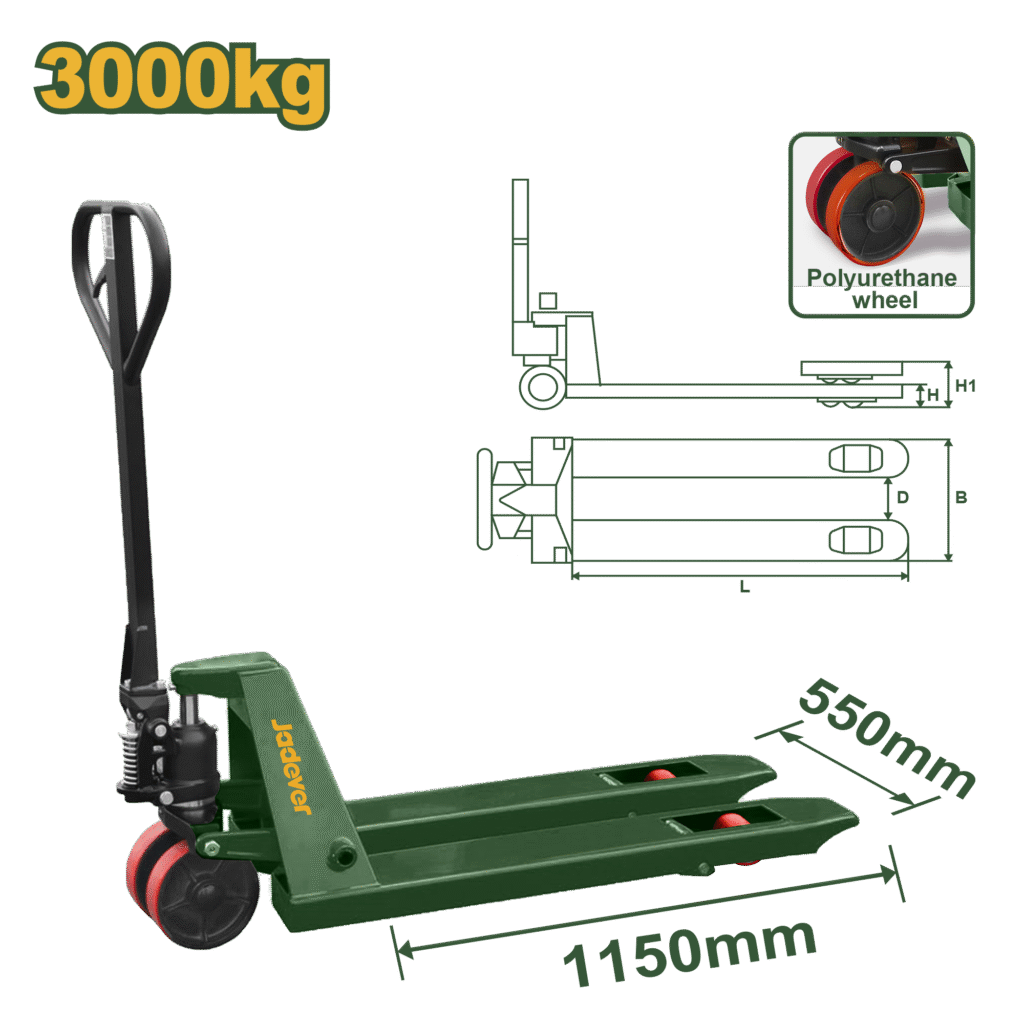 JADEVER Hand Pallet Truck – 3000kg Capacity, 550×1150mm Forks, PU Wheels (JDNH1R30)