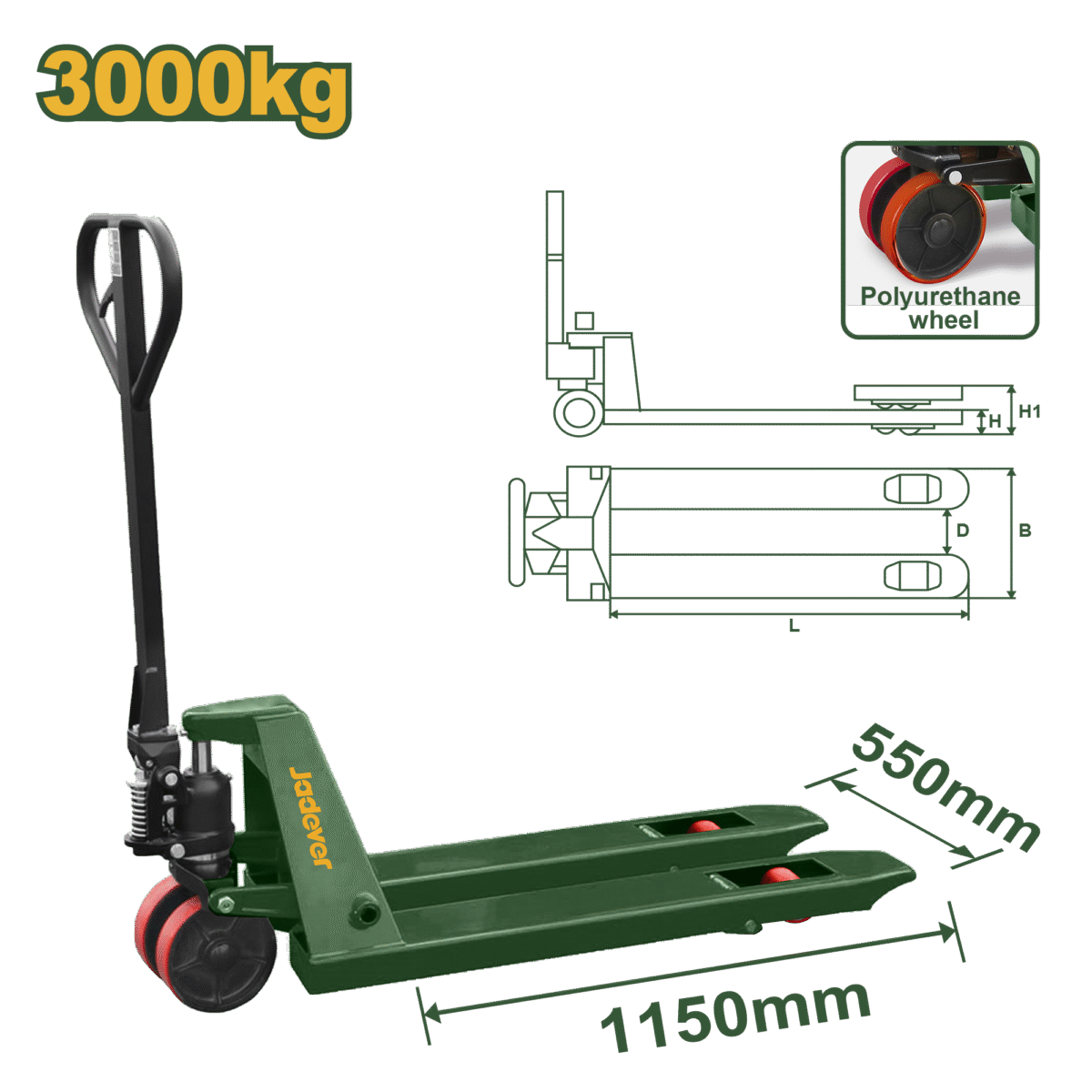 JADEVER Hand Pallet Truck – 3000kg Capacity, 550×1150mm Forks, PU Wheels (JDNH1R30)