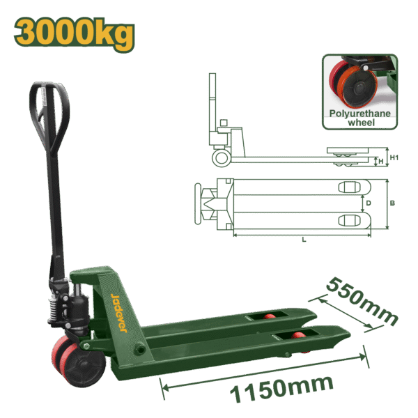 JADEVER Hand Pallet Truck – 3000kg Capacity, 550×1150mm Forks, PU Wheels (JDNH1R30)
