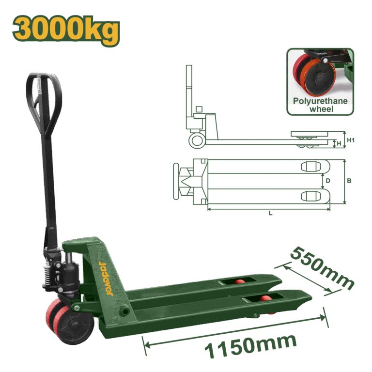 جك طبالي – سعة 3000 كغم، شوك 550×1150 ملم، عجلات بولي يوريثان من جادايفر (JDNH1R30)