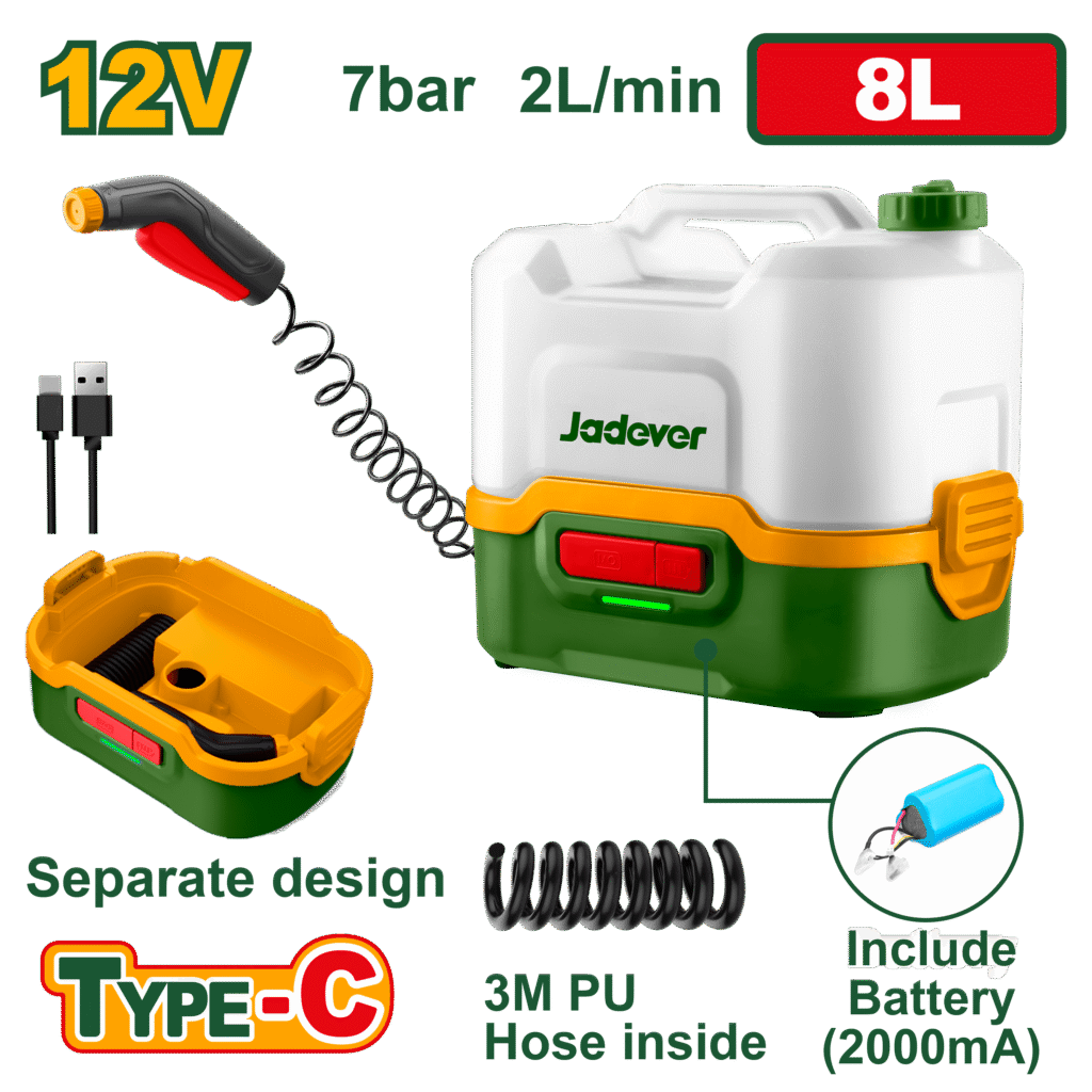 JADEVER Cordless Pressure Washer 12V – 8L Tank with USB-C Charging & Auto Stop (JDQX2512)