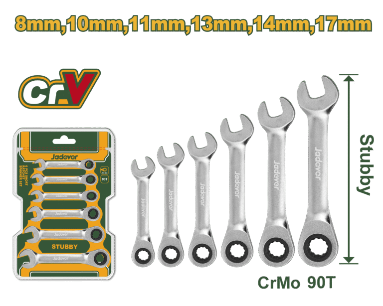JADEVER 6 Pcs Short Ratchet Spanner Set – Cr-V Steel, 90 Teeth, 8–17mm (JDSP6406)
