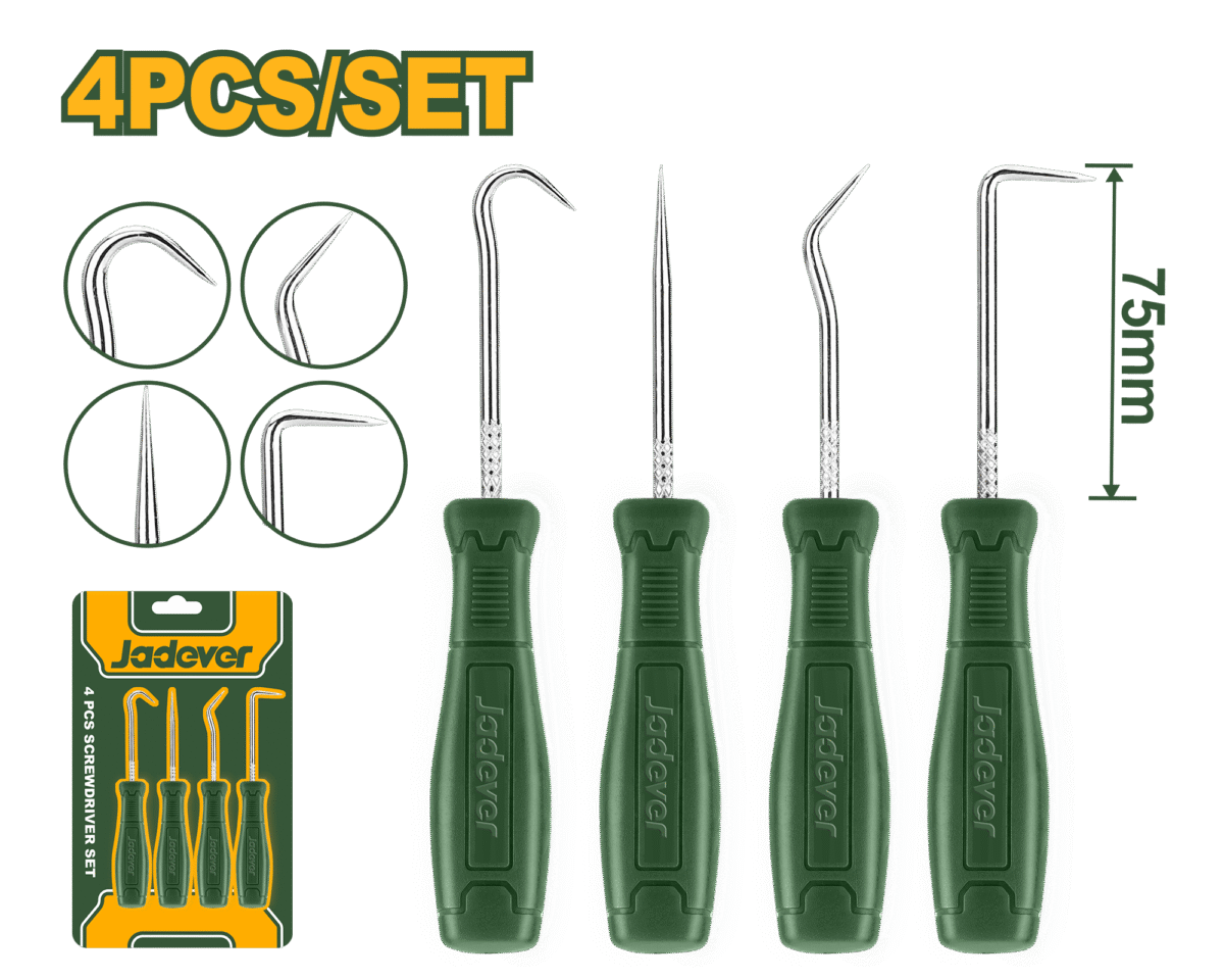 طقم خطافات ودبابيس 4 قطع – فولاذ كربوني 45#، 75مم، بمقبض PP مريح من جادايفر (JDSS2604)