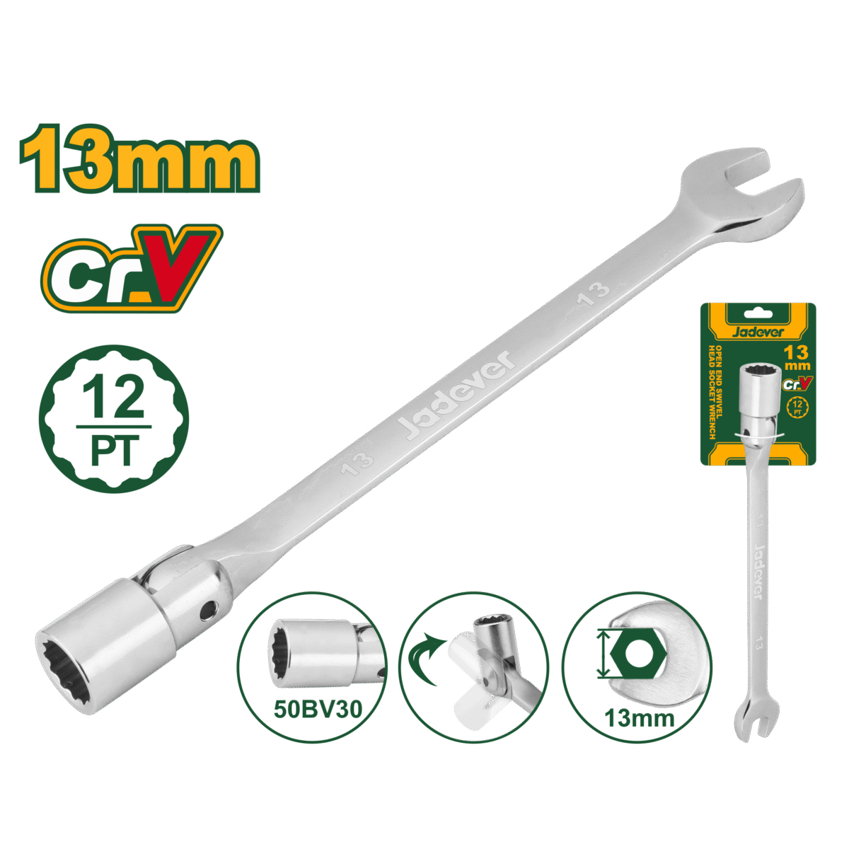 JADEVER 13mm Open-End Swivel Head Socket Spanner Wrench – Flexible Head, Chrome Plated (JDTH1E13)