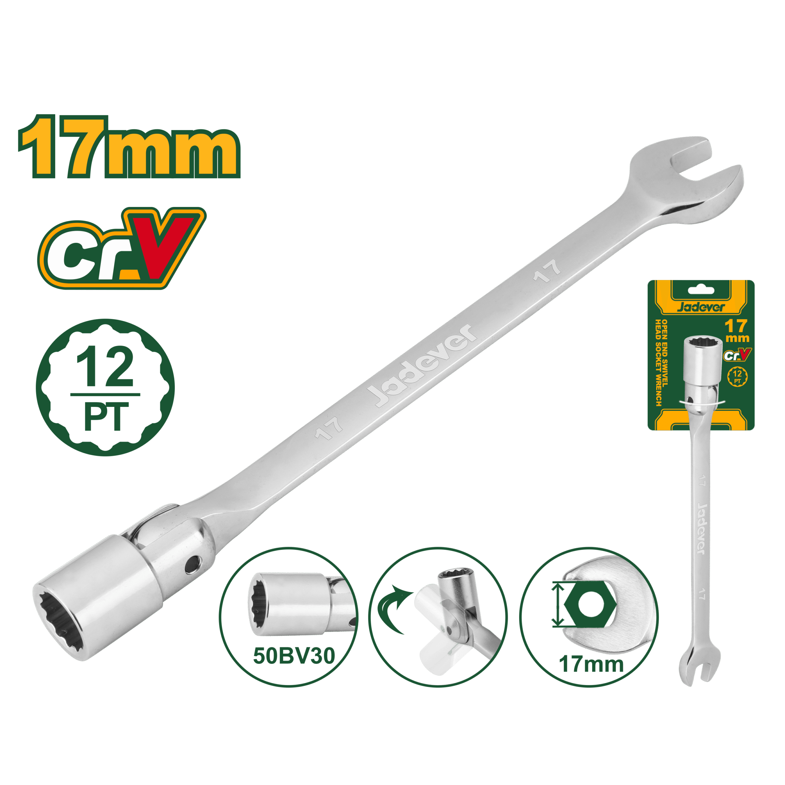 JADEVER Open-End Swivel Head Socket Spanner Wrench 17mm – Chrome Plated, Flexible Head (JDTH1E17)