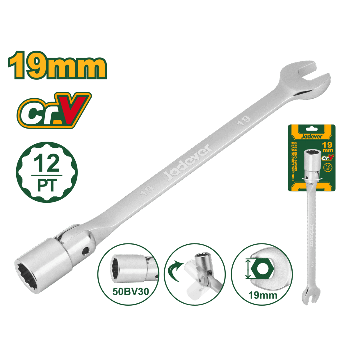 jADEVER 19mm Open-End Swivel Head Socket Spanner Wrench – Flexible Head, Chrome Plated (JDTH1E19)