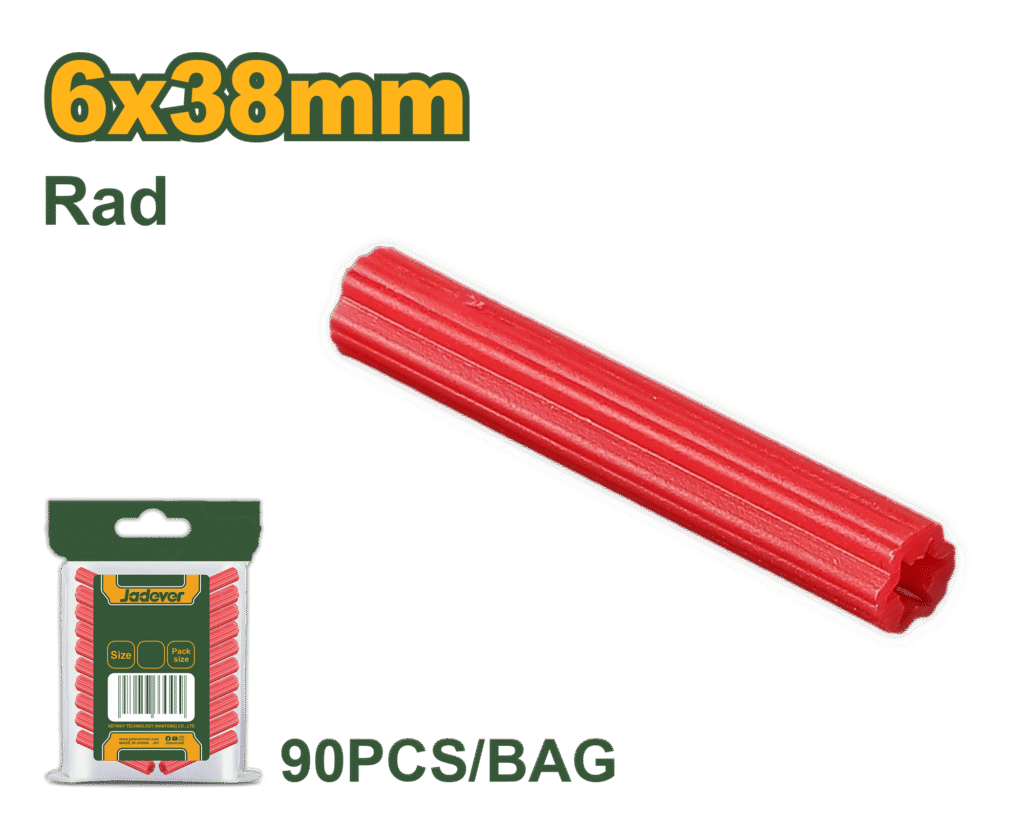 JADEVER Extruded Plastic Wall Anchors – 6×38mm (15/64"×1-1/2"), Red, 90 Pcs PE Anchors (JDXTA922)