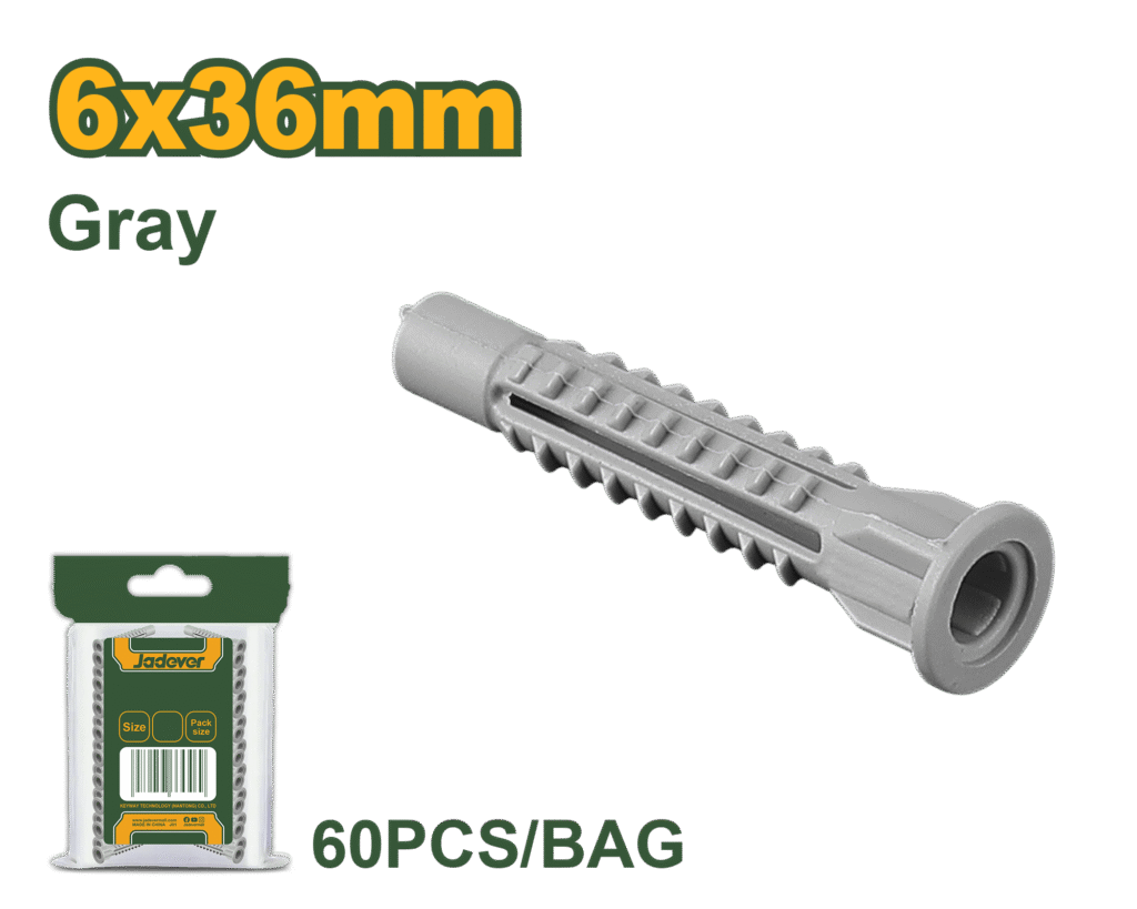 JADEVER Universal Wall Anchors – 6×36mm, Gray, 60 Pcs PE Anchors (JDXTD911)