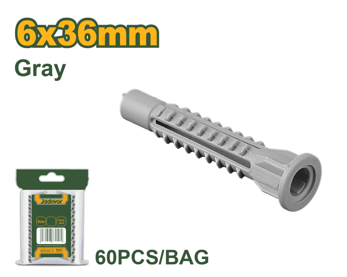 JADEVER Universal Wall Anchors – 6×36mm, Gray, 60 Pcs PE Anchors (JDXTD911)