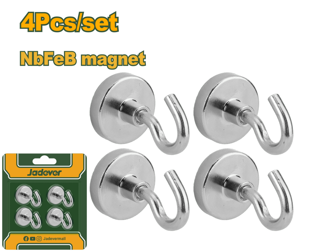 JADEVER 4 Pcs Magnetic Hook Set – Ø20mm, 3kg Force, Nickel-Plated Neodymium (JDZE2K11)