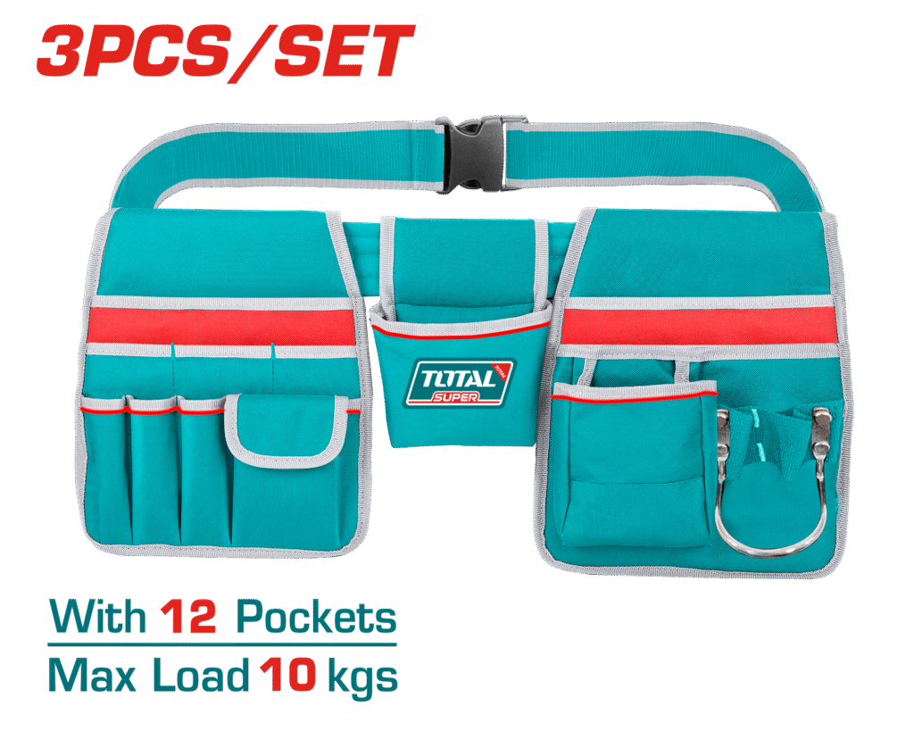 TOTAL Tool Bag Set with Adjustable Belt – 12 Pockets, Hammer Holder, 1680D Polyester (THT16P20325)