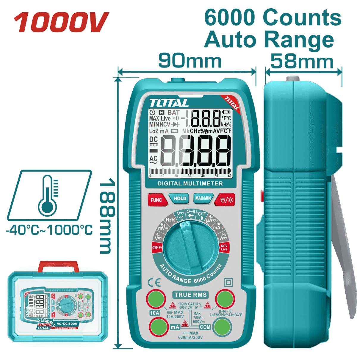 TOTAL Digital Multimeter 1000V TRMS – Auto Range, NCV, Temperature, Backlight (TMT5310004)