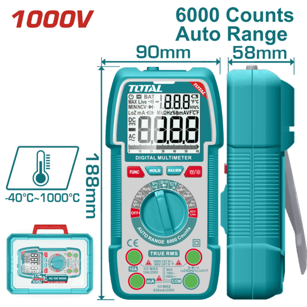 TOTAL Digital Multimeter 1000V TRMS – Auto Range, NCV, Temperature, Backlight (TMT5310004)