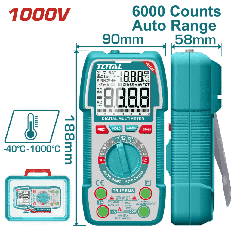 TOTAL Digital Multimeter 1000V TRMS – Auto Range, NCV, Temperature, Backlight (TMT5310004)