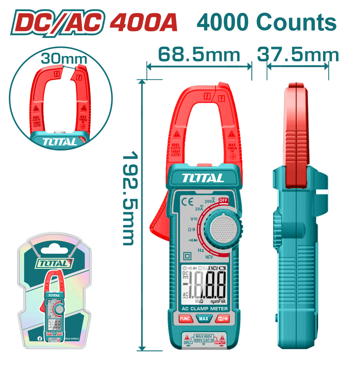 جهاز كلامب ميتر DC/AC حتى 400A – TRMS بعداد 4000، مع NCV وضوء من توتال (TMT762002)