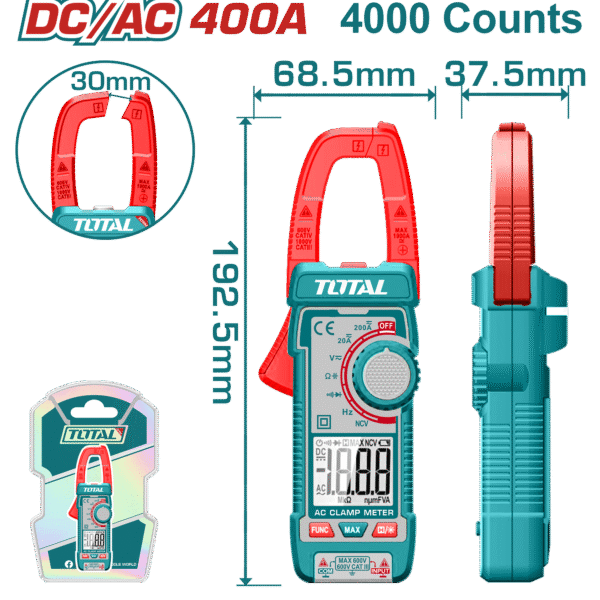 جهاز كلامب ميتر DC/AC حتى 400A – TRMS بعداد 4000، مع NCV وضوء من توتال (TMT762002)