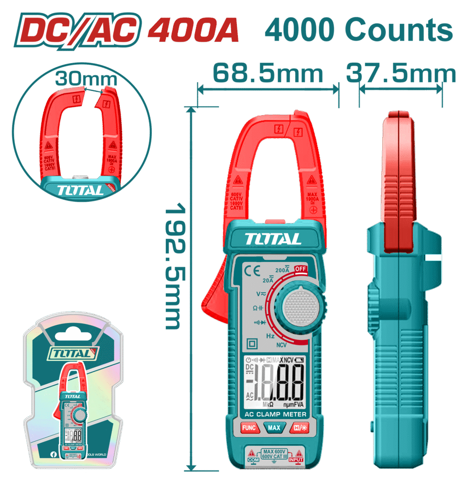 جهاز كلامب ميتر DC/AC حتى 400A – TRMS بعداد 4000، مع NCV وضوء من توتال (TMT762002)