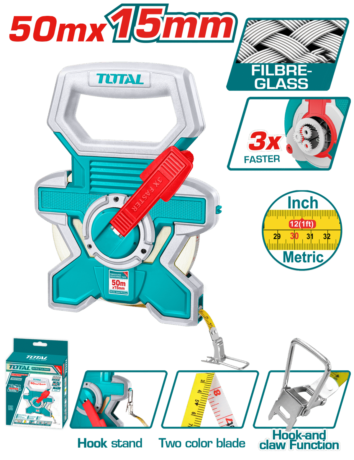 TOTAL Fiberglass Measuring Tape 50m x 15mm – Double-Sided, Fast Rewind, Rubber-Covered (TMTF18506)