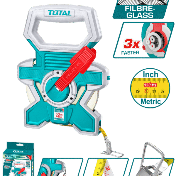 TOTAL Fiberglass Measuring Tape 50m x 15mm – Double-Sided, Fast Rewind, Rubber-Covered (TMTF18506)