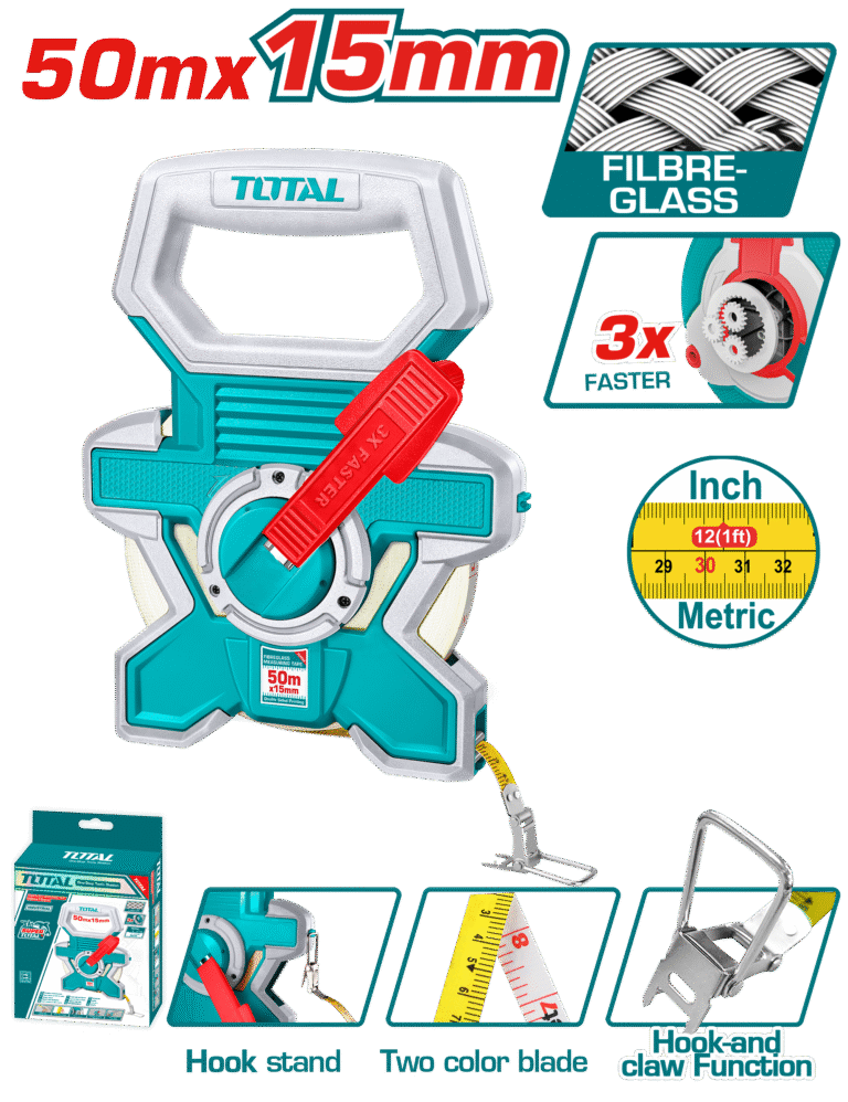 TOTAL Fiberglass Measuring Tape 50m x 15mm – Double-Sided, Fast Rewind, Rubber-Covered (TMTF18506)
