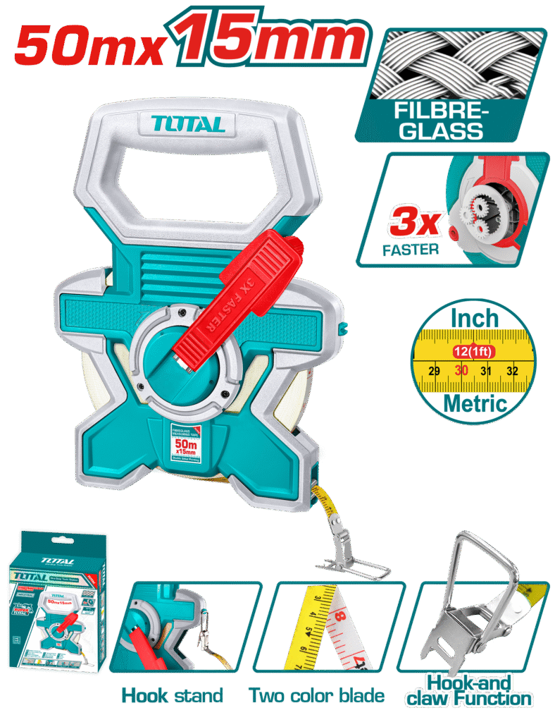 TOTAL Fiberglass Measuring Tape 50m x 15mm – Double-Sided, Fast Rewind, Rubber-Covered (TMTF18506)