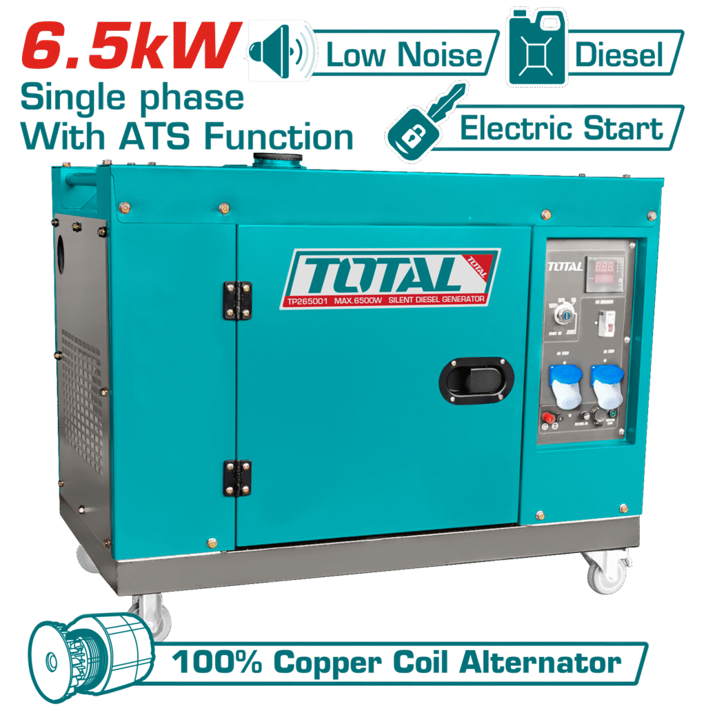 TOTAL Silent Diesel Generator 6.5kW with ATS – 12HP Engine, 498cc, Electric Start (TP265001-1)