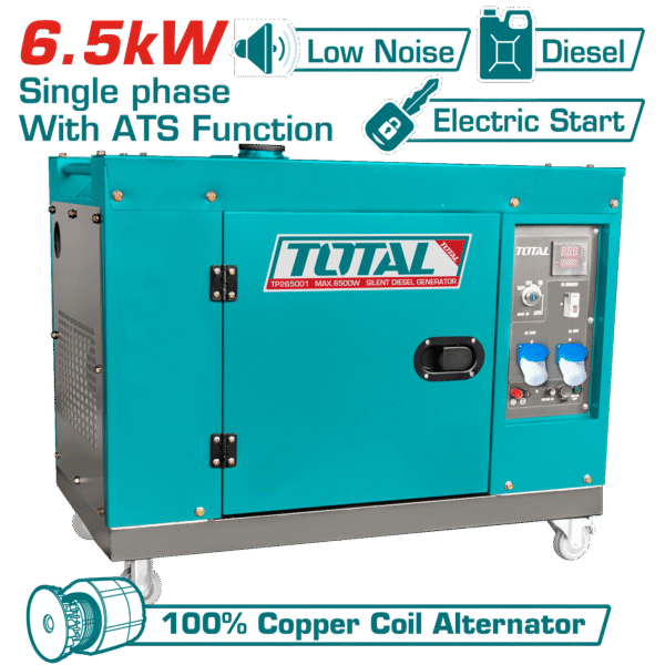 مولد ديزل صامت 6.5kW مع ATS – تشغيل كهربائي، محرك 12HP، سعة 498cc من توتال (TP265001-1)