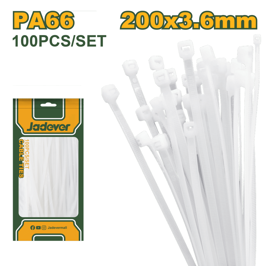 JADEVER Cable Ties – 200×3.6mm, White, Nylon 66, 100 Pcs Set (JDTE320036)