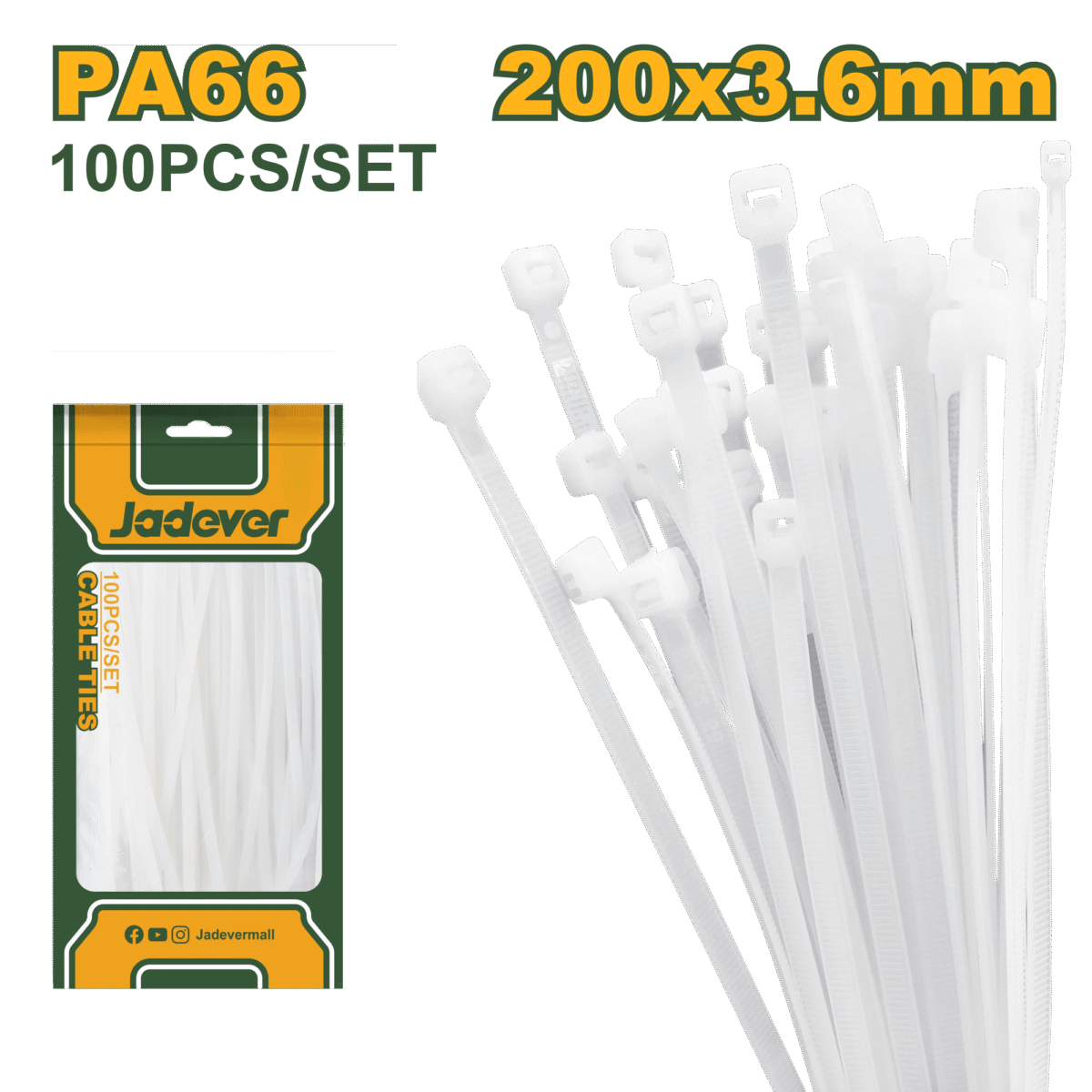 JADEVER Cable Ties – 200×3.6mm, White, Nylon 66, 100 Pcs Set (JDTE320036)
