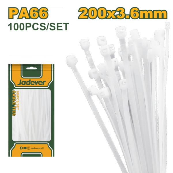 JADEVER Cable Ties – 200×3.6mm, White, Nylon 66, 100 Pcs Set (JDTE320036)