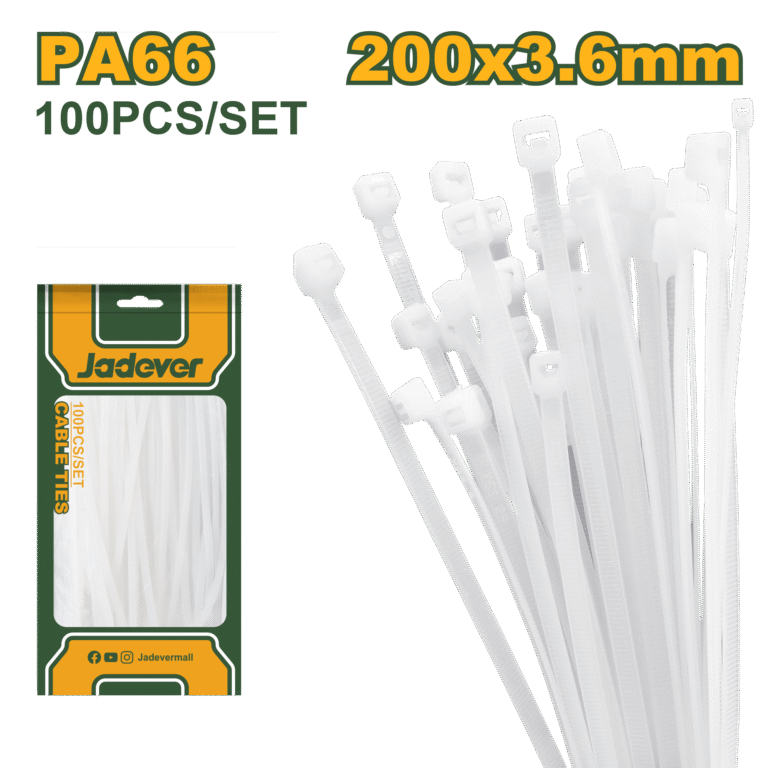 JADEVER Cable Ties – 200×3.6mm, White, Nylon 66, 100 Pcs Set (JDTE320036)