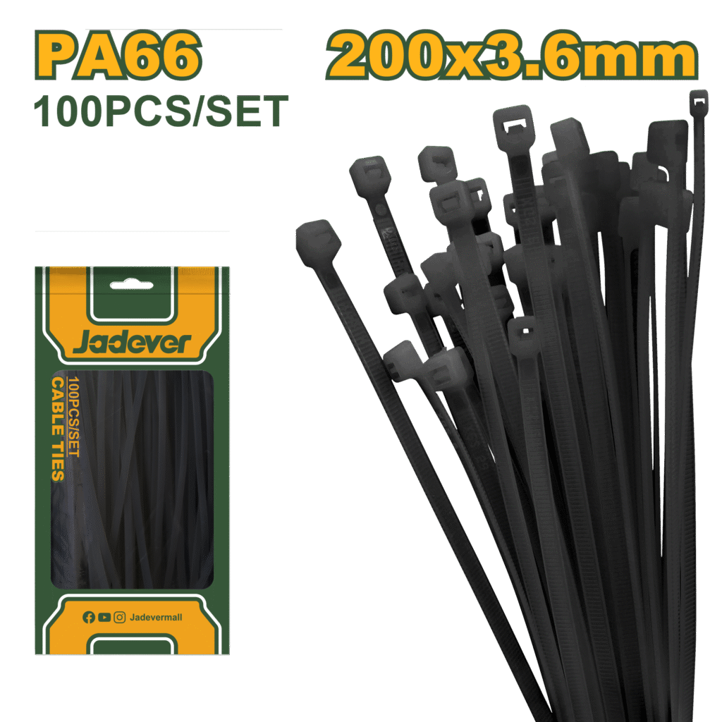 JADEVER Cable Ties – 200×3.6mm, Black, Nylon 66, 100 Pcs Set (JDTEB520036)