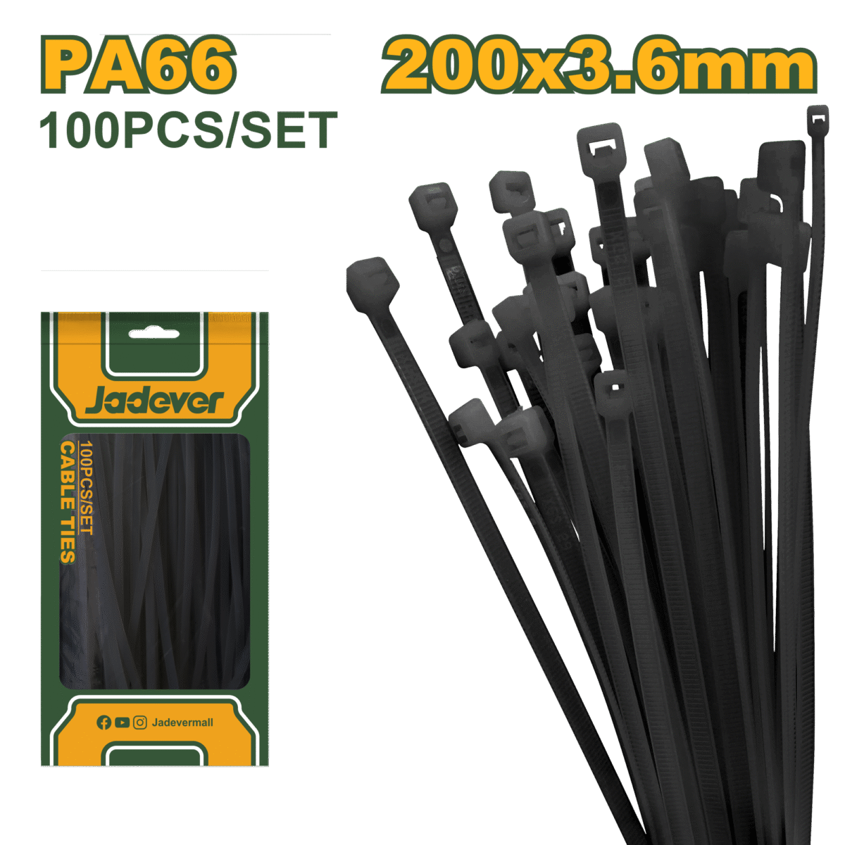 JADEVER Cable Ties – 200×3.6mm, Black, Nylon 66, 100 Pcs Set (JDTEB520036)